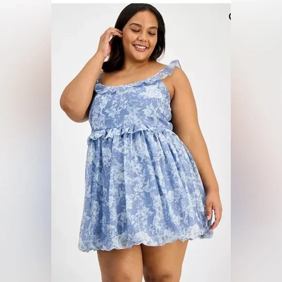 NWT.. AND NOW THIS WOMENS BLUE FLORAL RUFFLE STRAP MINI DRESS - Picture 3 of 13